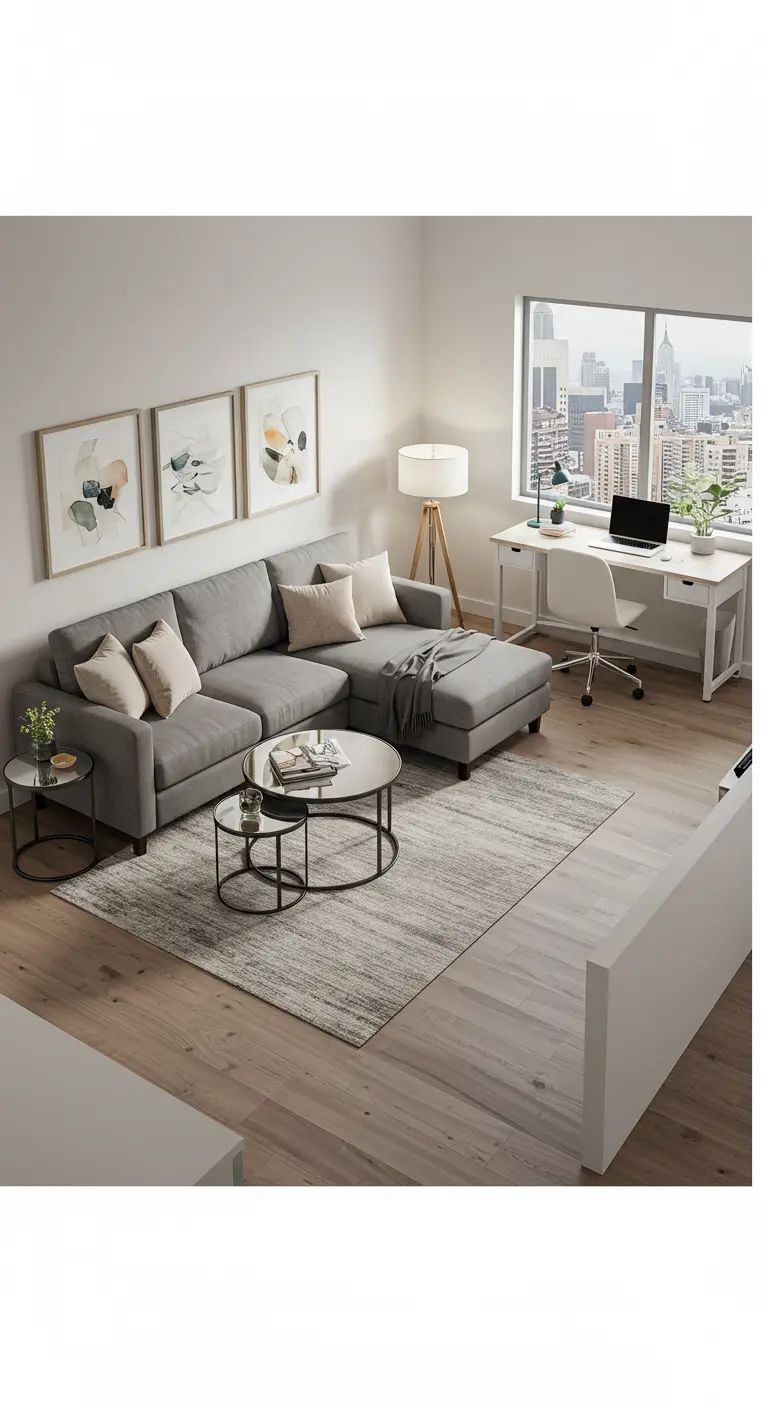 An open-plan living room with a gray sectional, round nesting tables, and a desk by the window.