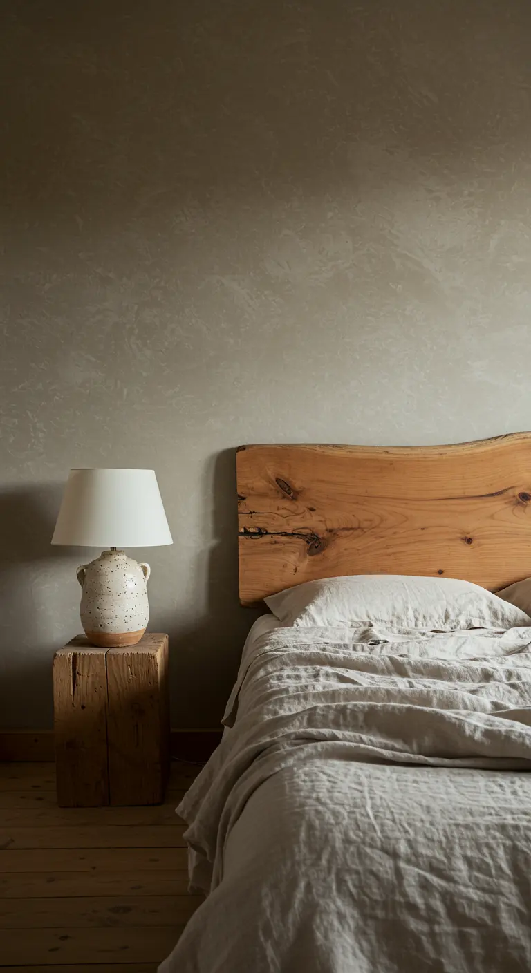 A live-edge wood slab headboard against a textured gray wall with a wood block nightstand.