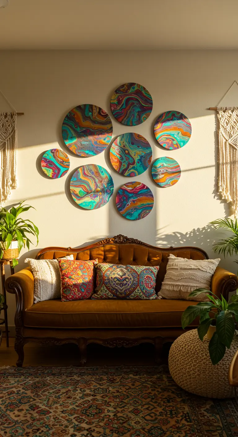 A cluster of circular paint-pour canvases arranged above a mustard velvet sofa.