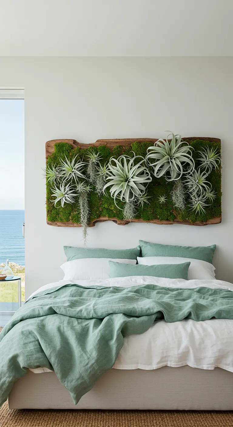 A live-edge wood slab mounted on a wall, holding moss and air plants.