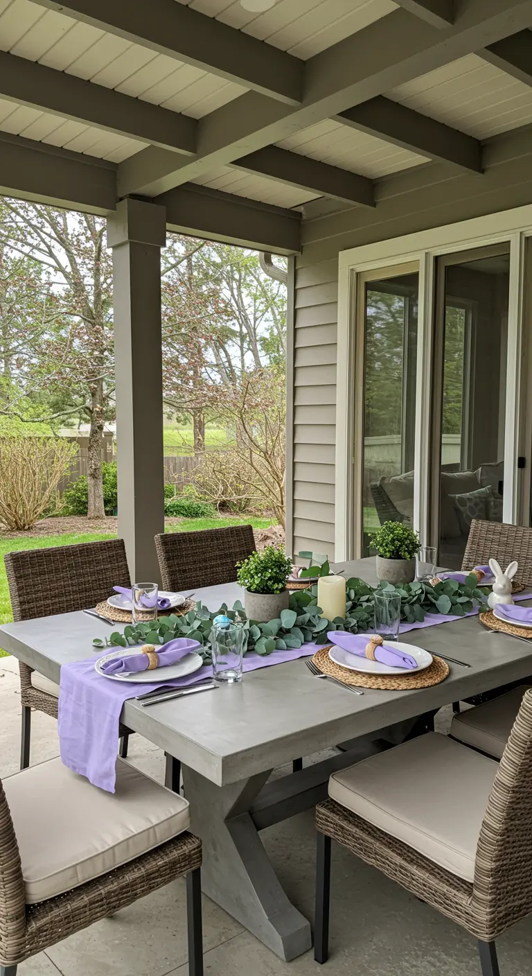 Modern patio table with a eucalyptus runner and lavender napkins.