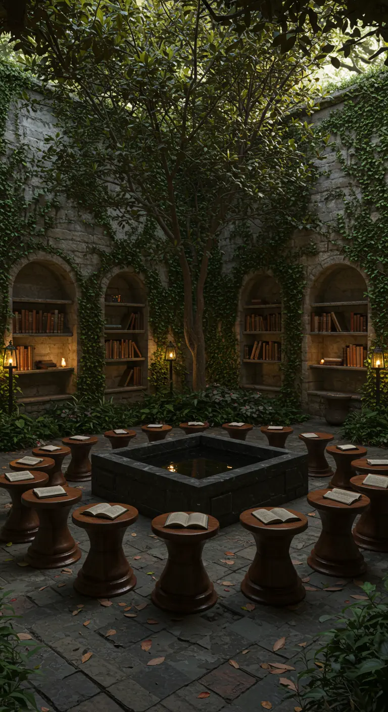 An enclosed stone courtyard with bookshelves in arched niches, with wooden stools around a square water feature.