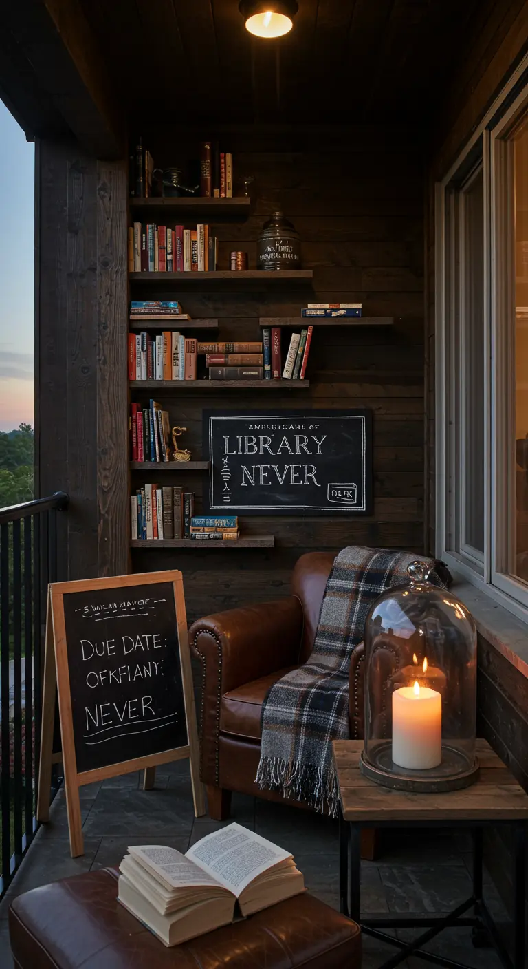 A balcony reading nook with shelves of books, a leather armchair, and library-themed chalkboard signs.