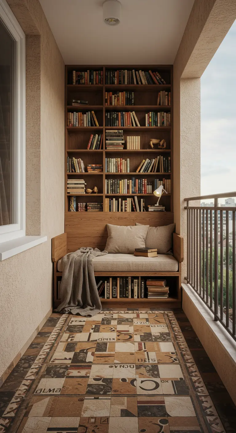 A cozy balcony with built-in bookshelves, a cushioned reading nook, and patterned letter tiles.