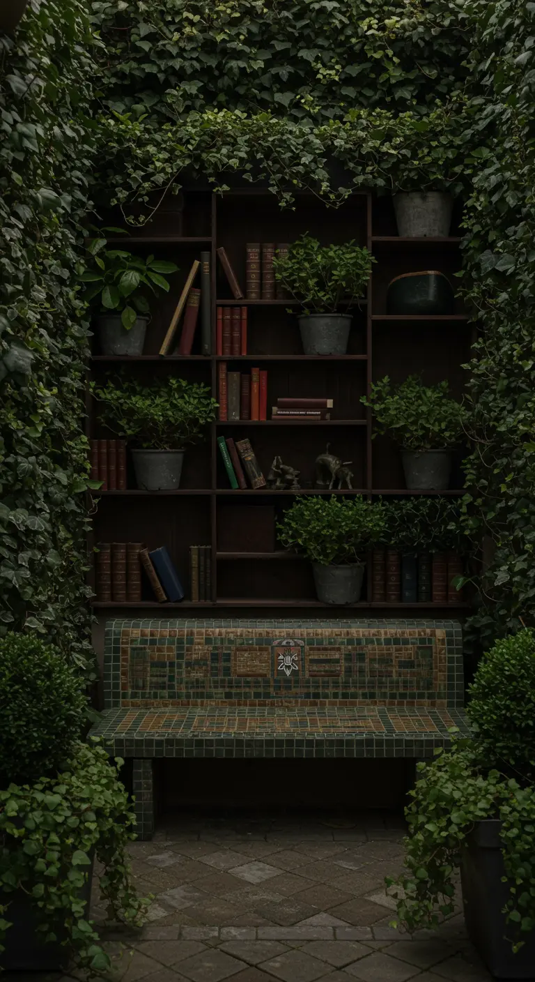 A bookcase filled with books and plants sits behind a mosaic bench in a garden.