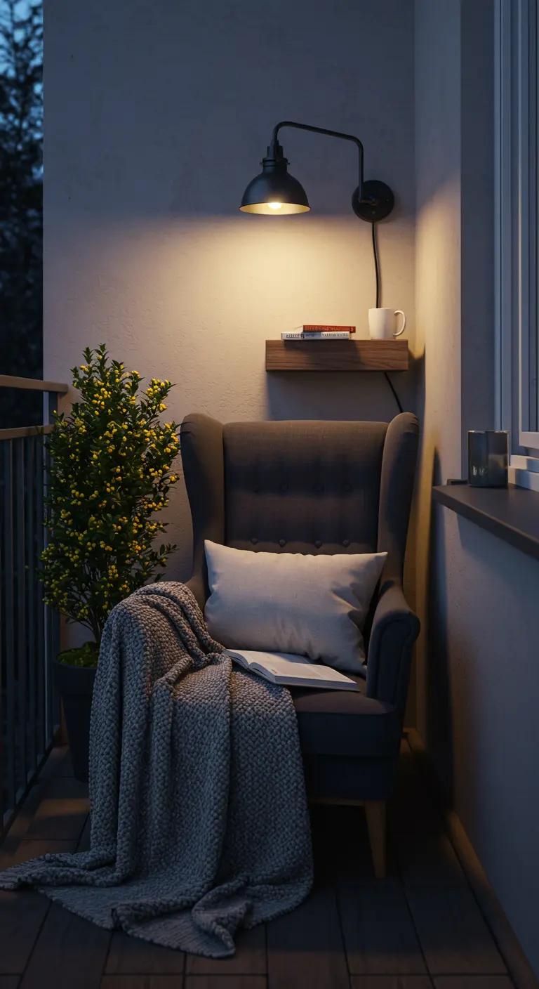 A cozy balcony reading nook with a wingback chair and a focused wall lamp.