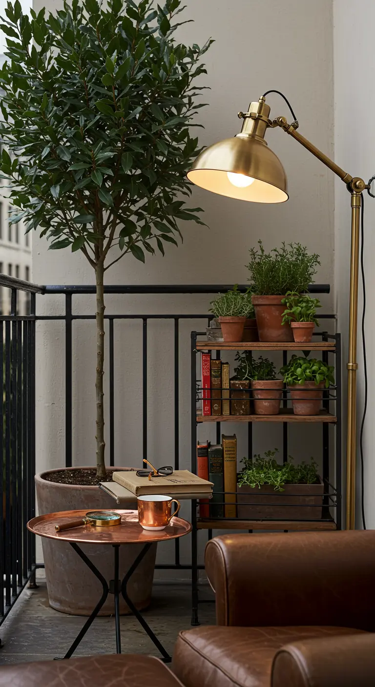 A cozy balcony reading nook with a leather armchair, a shelf of books and plants, and a brass lamp.
