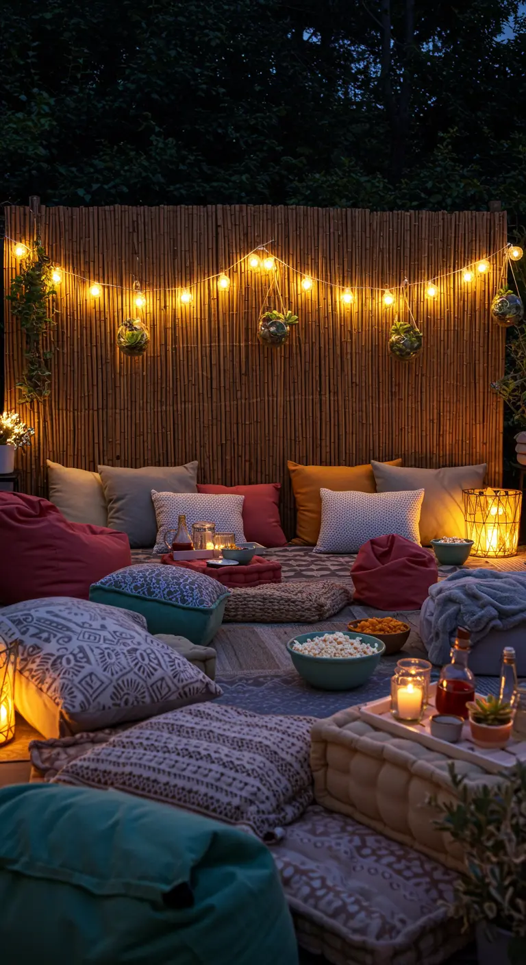 A cozy outdoor movie night setup with a bamboo screen, floor cushions, and string lights.