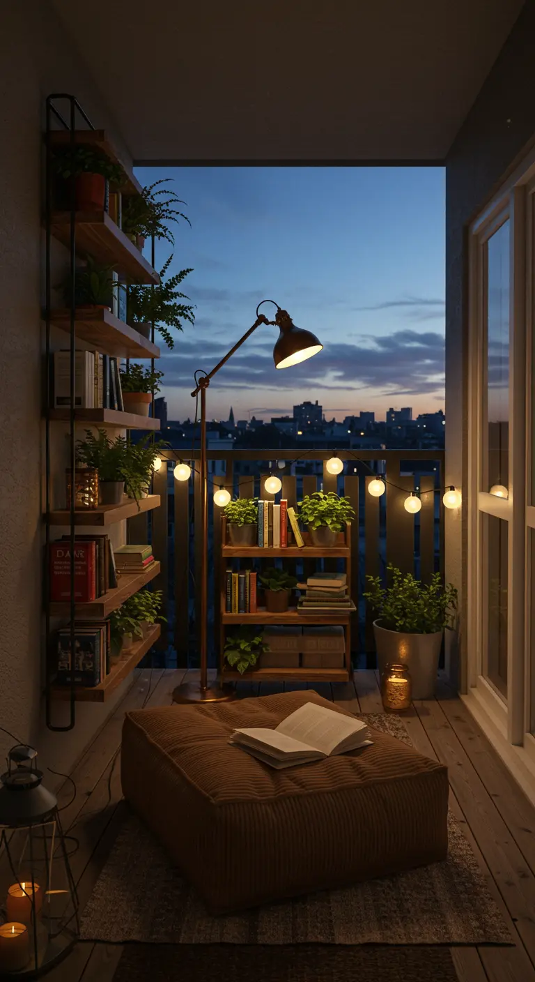 A balcony at dusk set up as a reading nook with bookshelves, a floor lamp, and a large cushion.