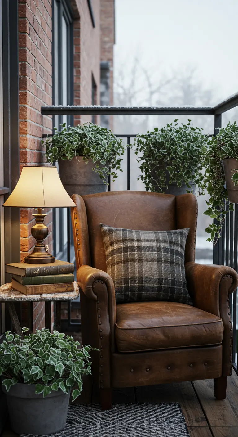 A balcony with a leather wingback chair, plaid pillow, lamp, and pots of trailing ivy.
