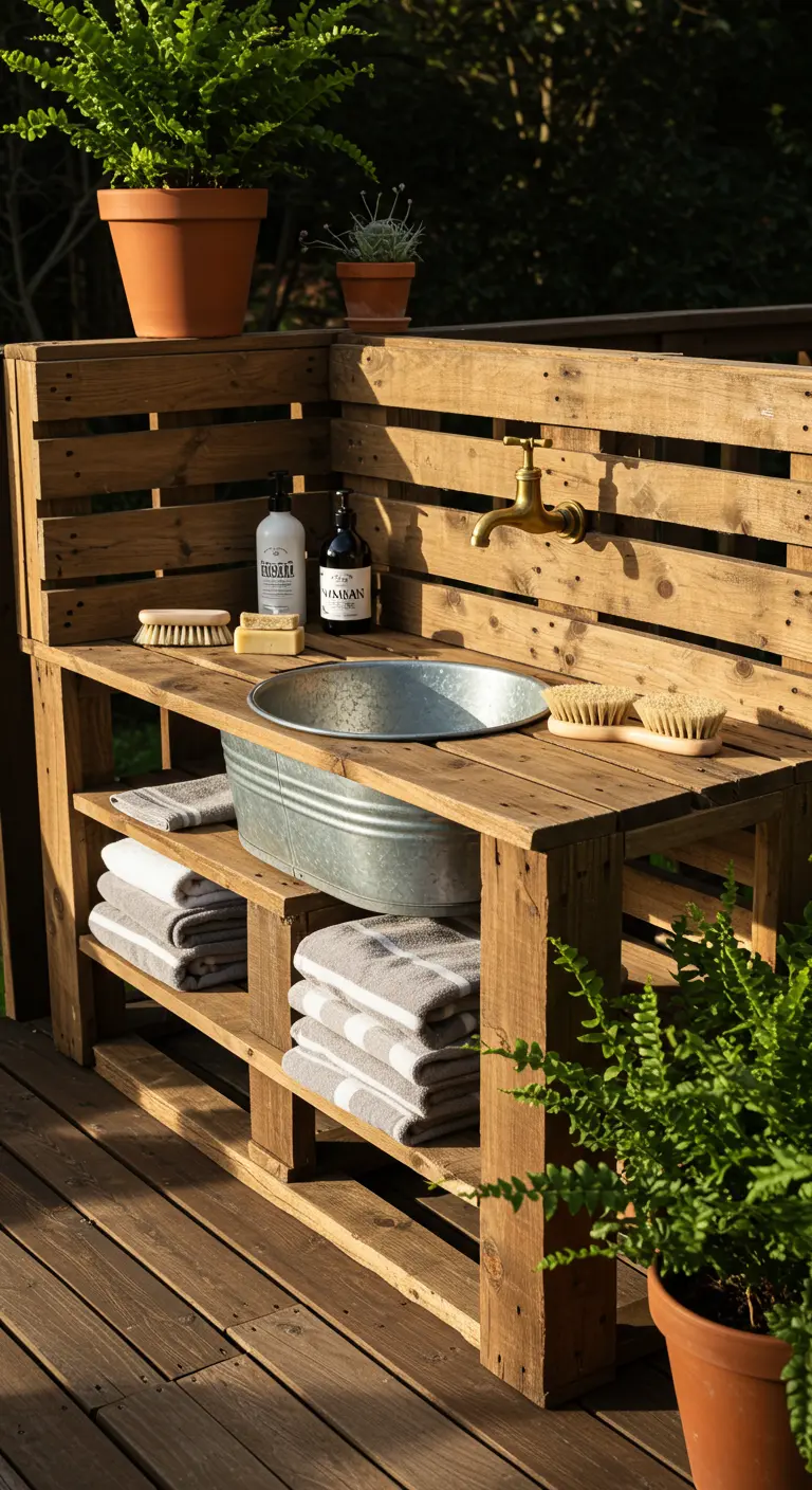 A wooden pallet bench with an integrated galvanized wash basin and a brass spigot, used as an outdoor sink.