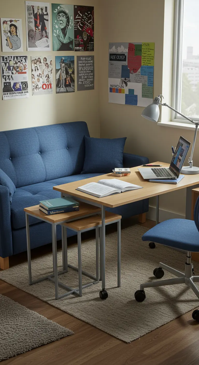 A small room with a blue sofa, where a mobile desk is positioned over the seat for laptop use.