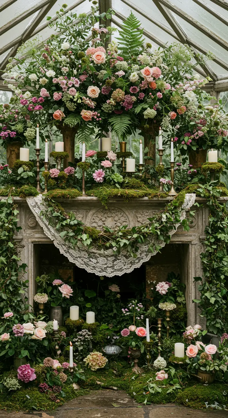 A fireplace completely overflowing with moss, ivy, and romantic pink and cream flowers.