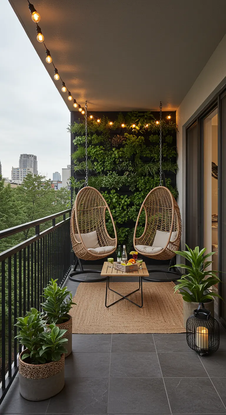 A balcony with two wicker hanging egg chairs in front of a lush vertical garden.