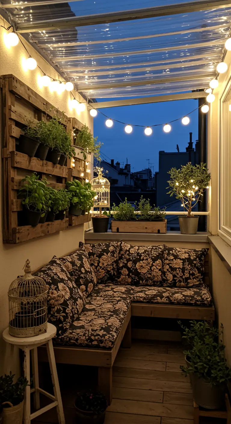 A cozy balcony with a DIY pallet herb garden on the wall and a corner pallet bench.