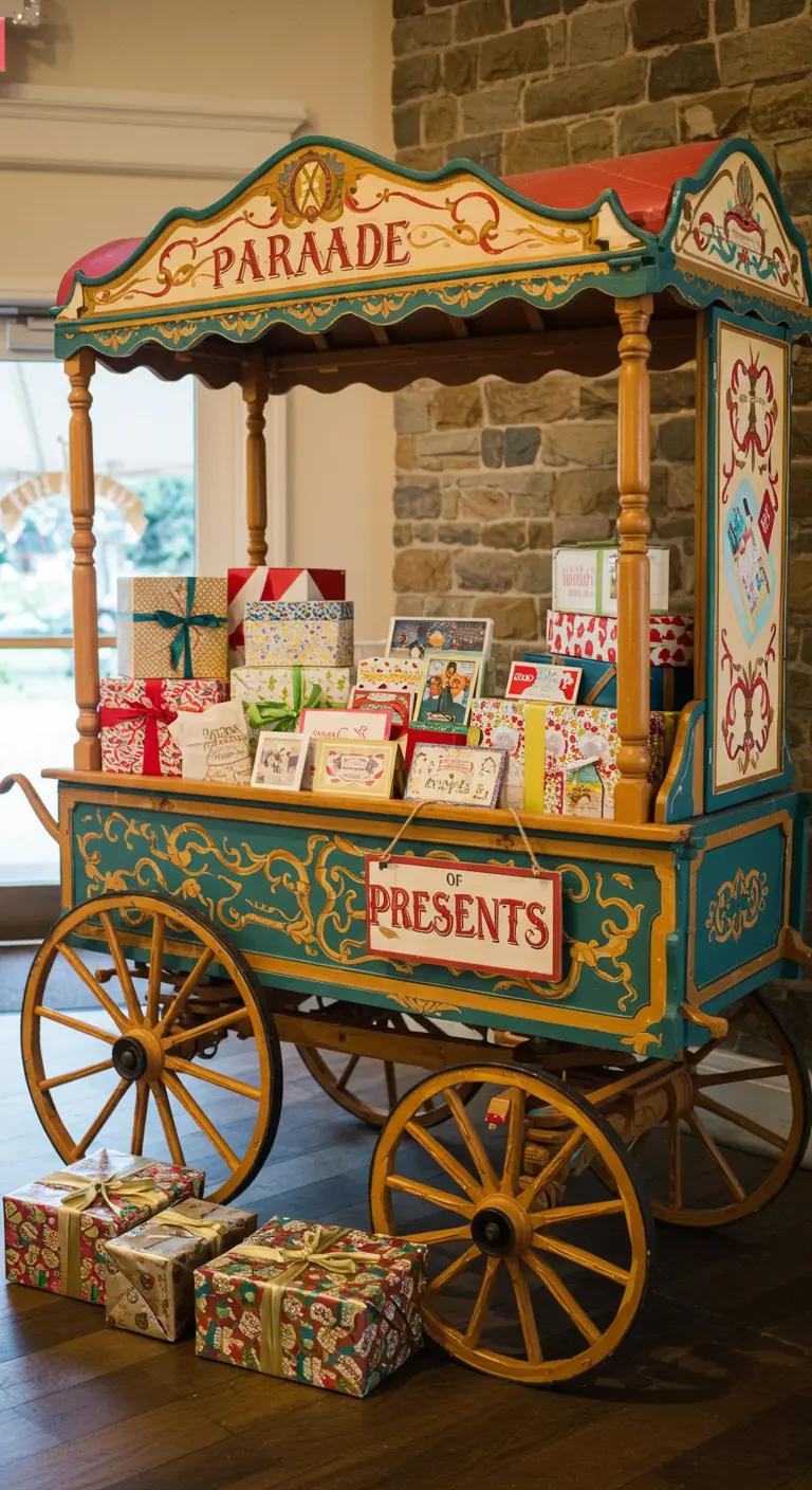 A colorful vintage cart decorated to hold birthday presents.