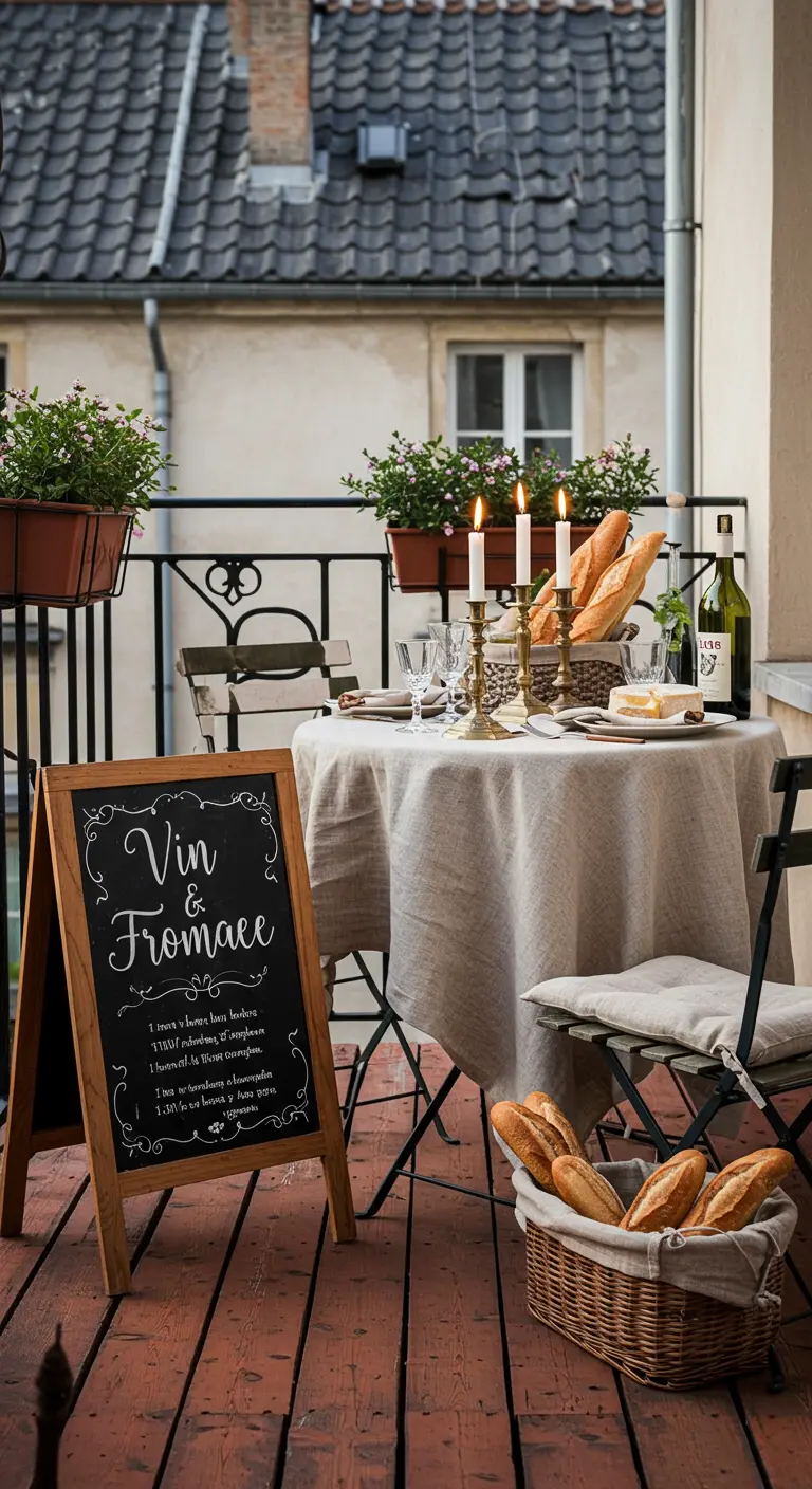 A balcony styled like a Parisian cafe with a bistro set, linen tablecloth, and a chalkboard sign for 'Vin & Fromage'.