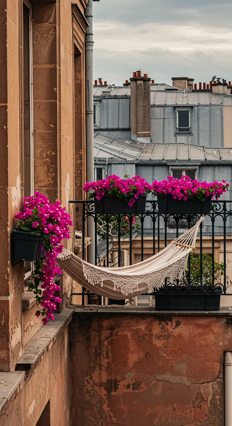 A small Parisian balcony with an iron railing, a hammock, and overflowing flower boxes.