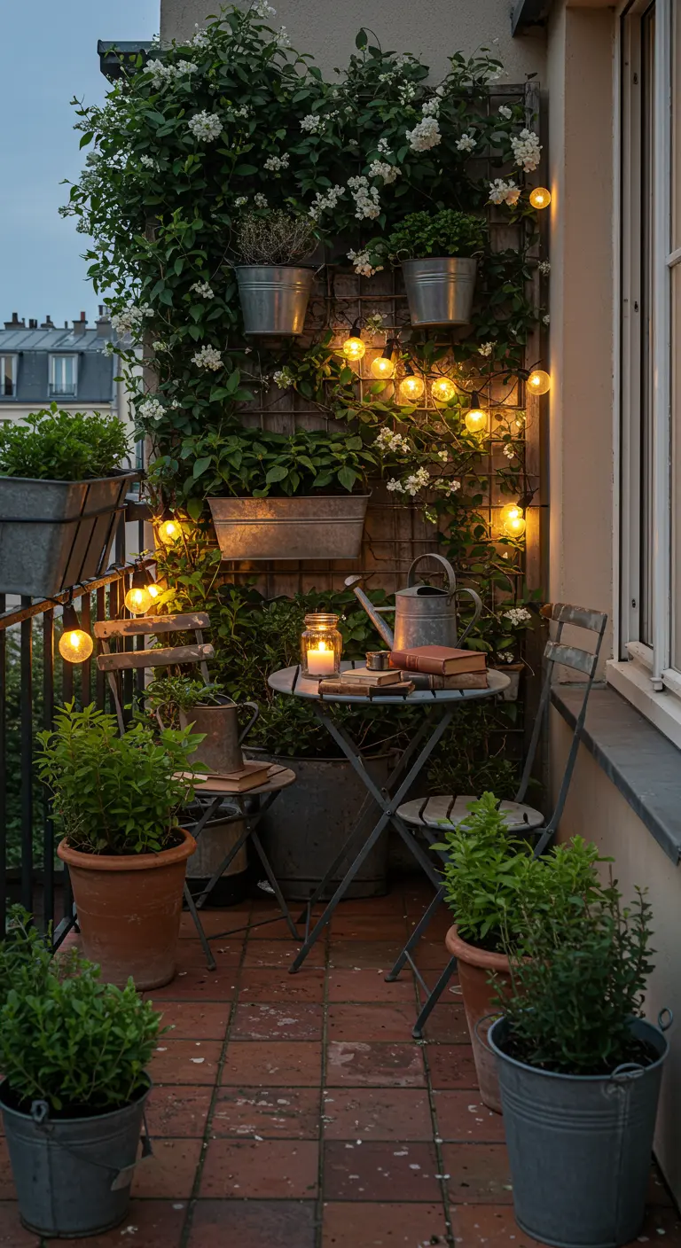 A small Parisian balcony at dusk with a trellis, hanging planters, and a bistro set.
