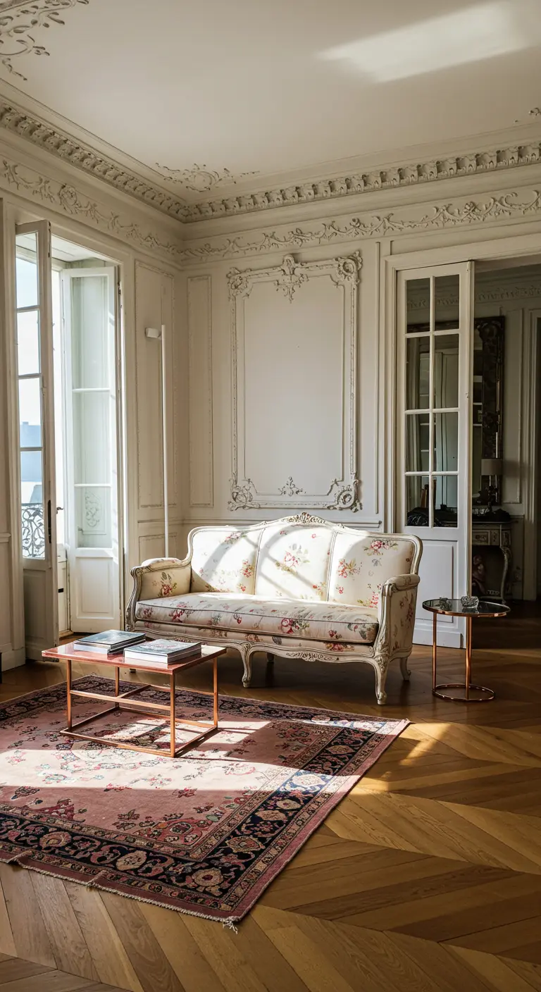 Ornate Parisian living room with a floral sofa and rose gold coffee table.