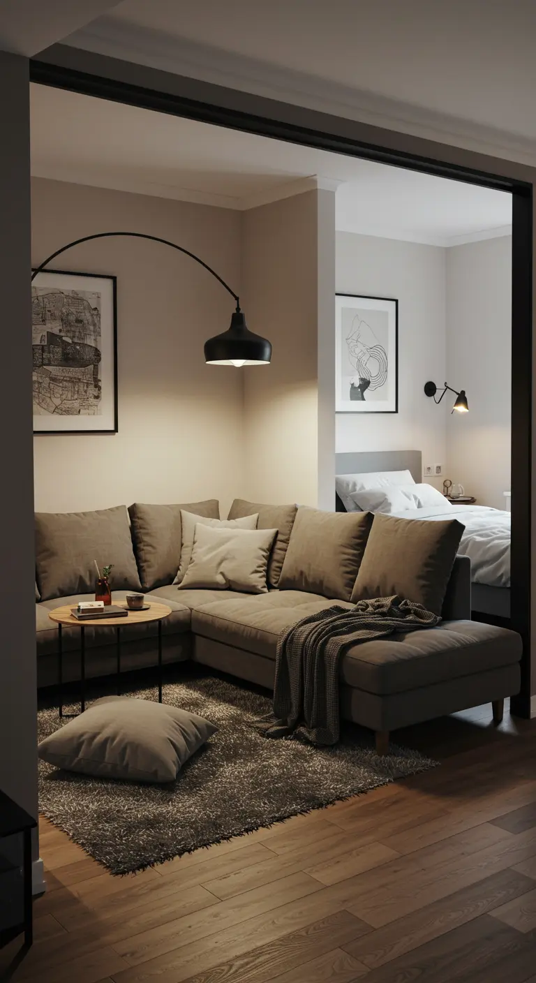 A partial wall creates a bedroom alcove next to a living area with a large sectional.