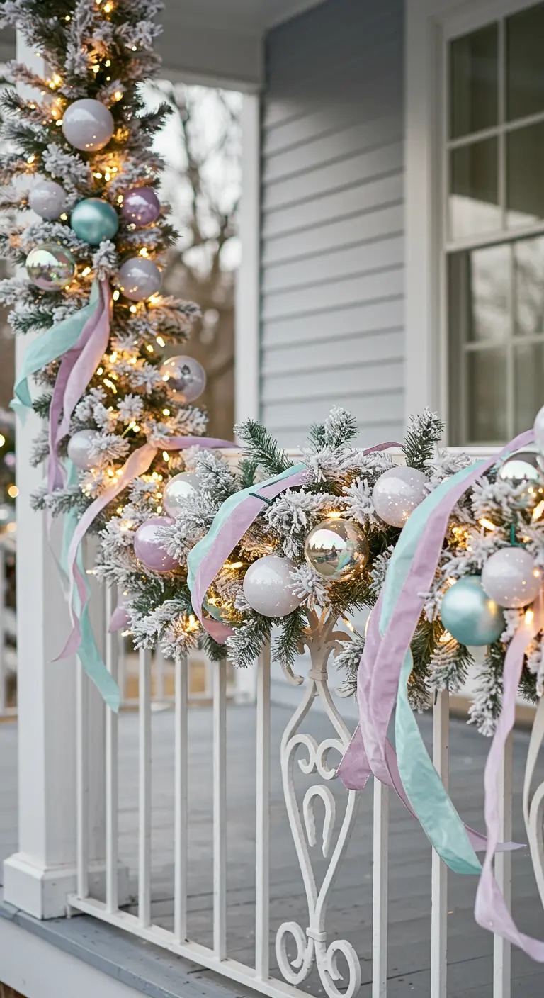 White porch railing with flocked garland, pastel purple and green ribbons, and glowing lights.