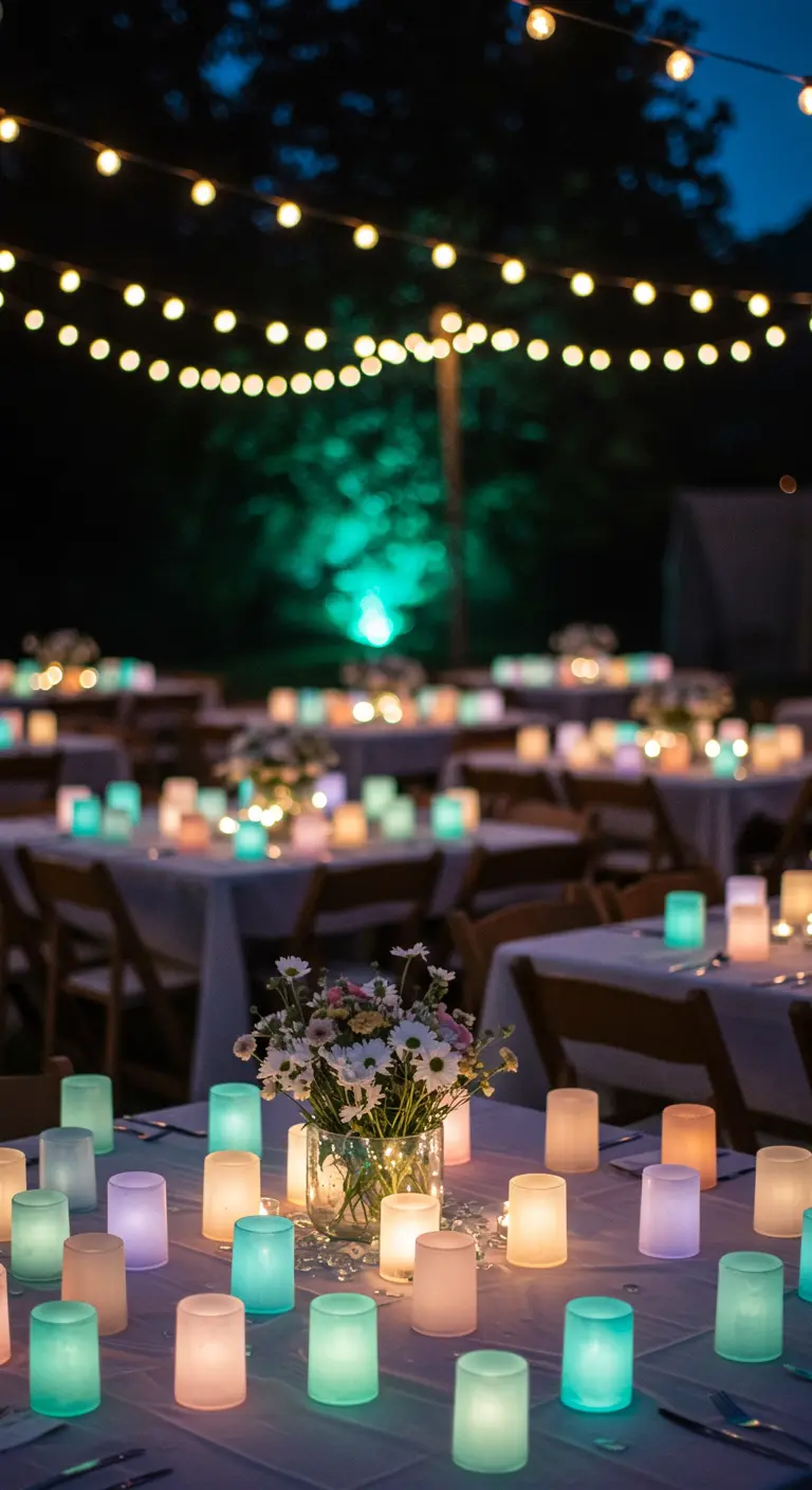 Tables at an evening party dotted with glowing pastel candle votives.