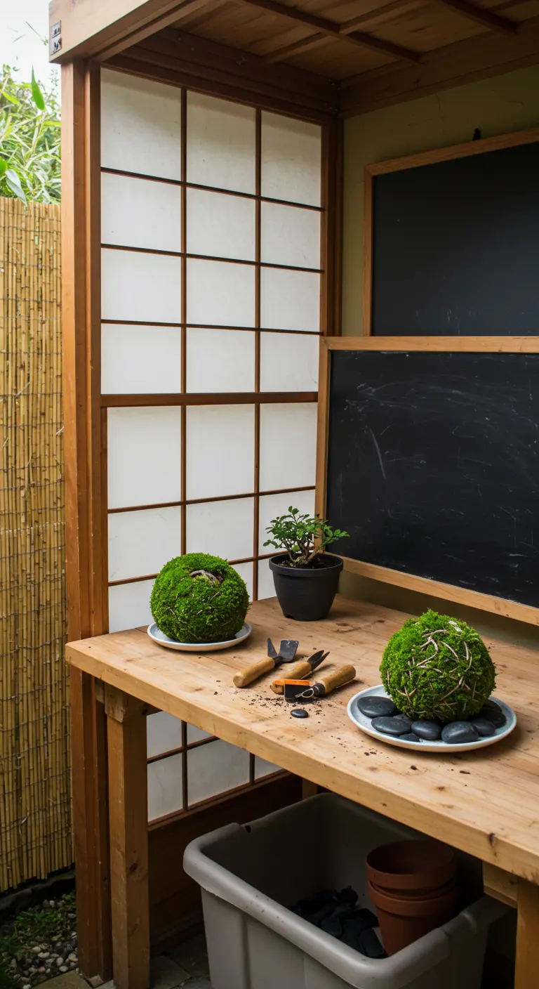 A Japanese-inspired potting station with kokedama moss balls and a shoji-screen style backdrop.
