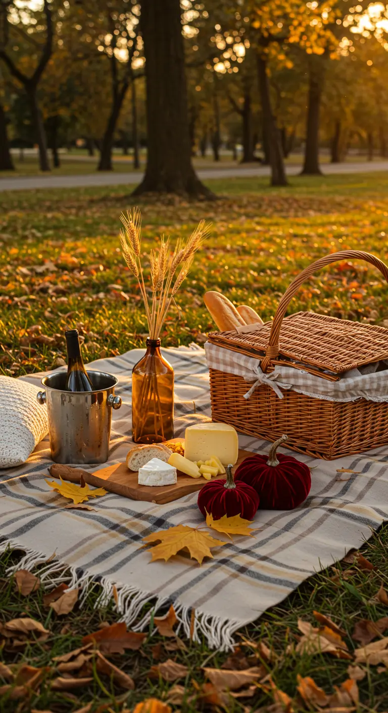 Fall picnic scene on a blanket with a cheese board and small velvet pumpkins.