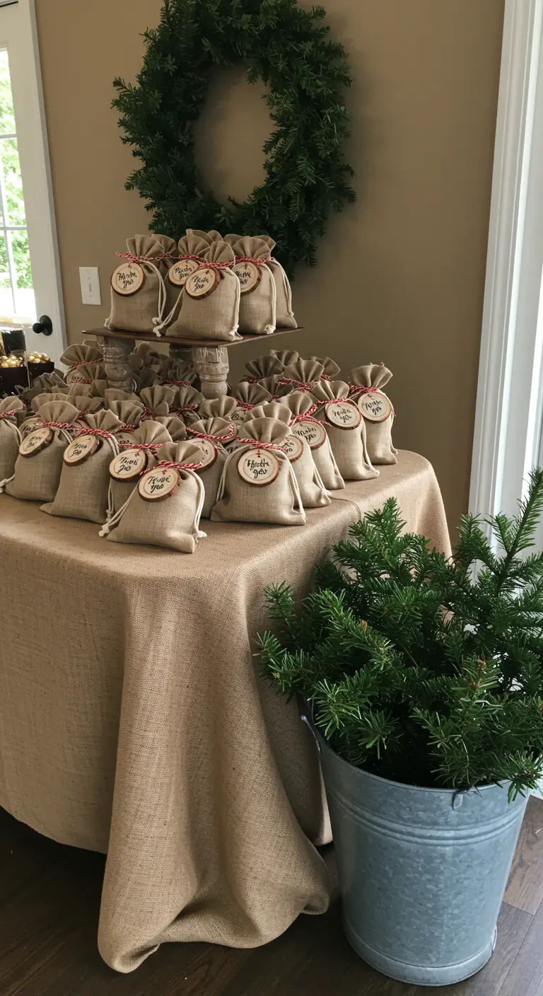 Tiered display of burlap party favor bags with wooden thank-you tags.
