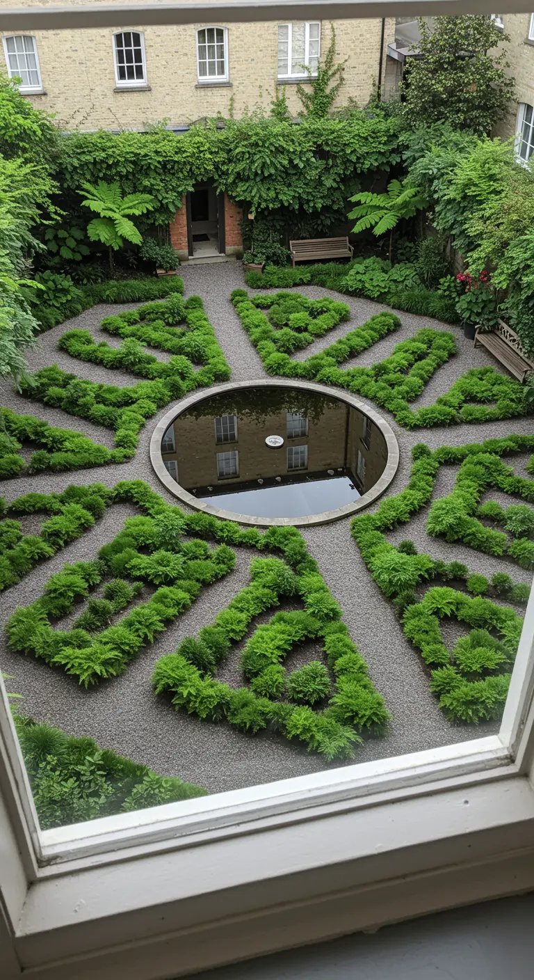 A circular pond in a formal garden perfectly reflecting the sky and surrounding buildings.