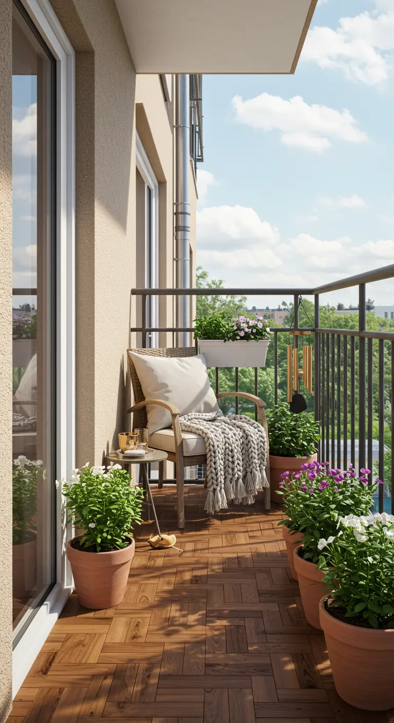 A small, sunny balcony with a comfortable chair, a throw blanket, and railing planters.