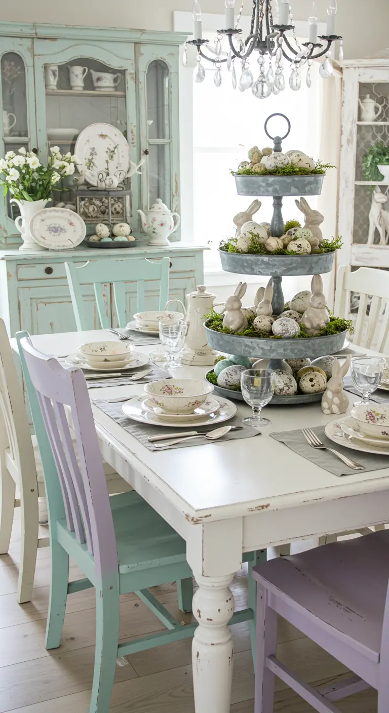 Shabby chic Easter dining table with mismatched chairs and a tiered tray.