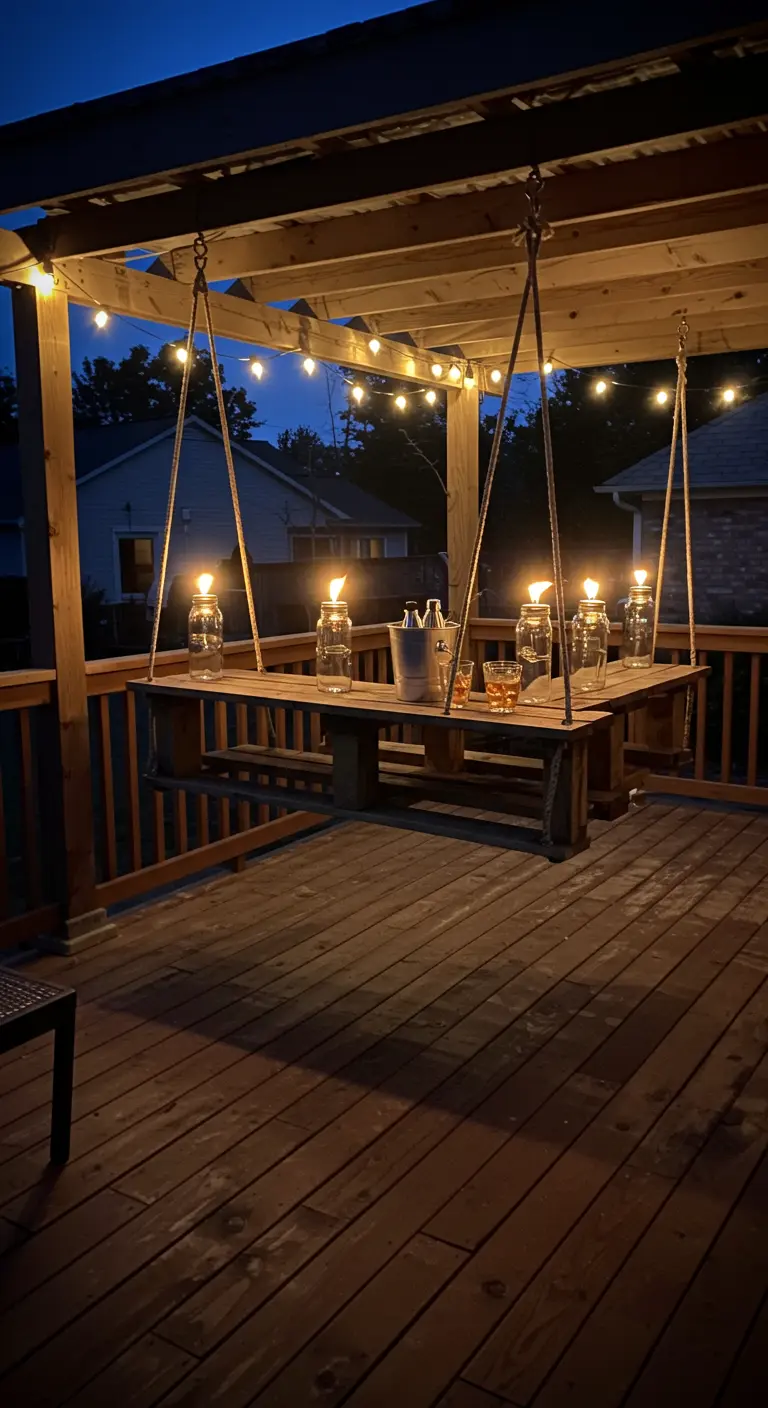 A hanging pallet bar with Mason jar tiki torches under a pergola lit by string lights at night.