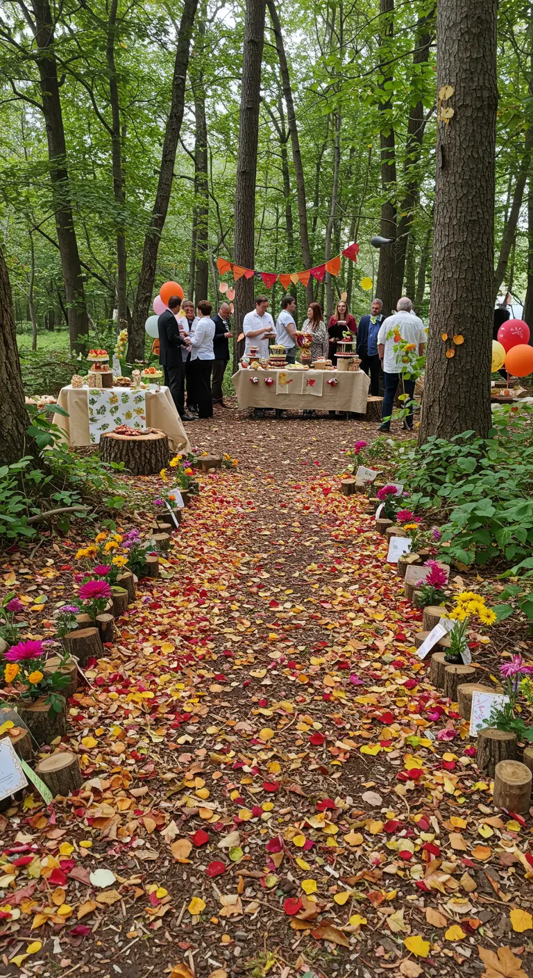 A path in the woods covered in colorful flower petals for a party.
