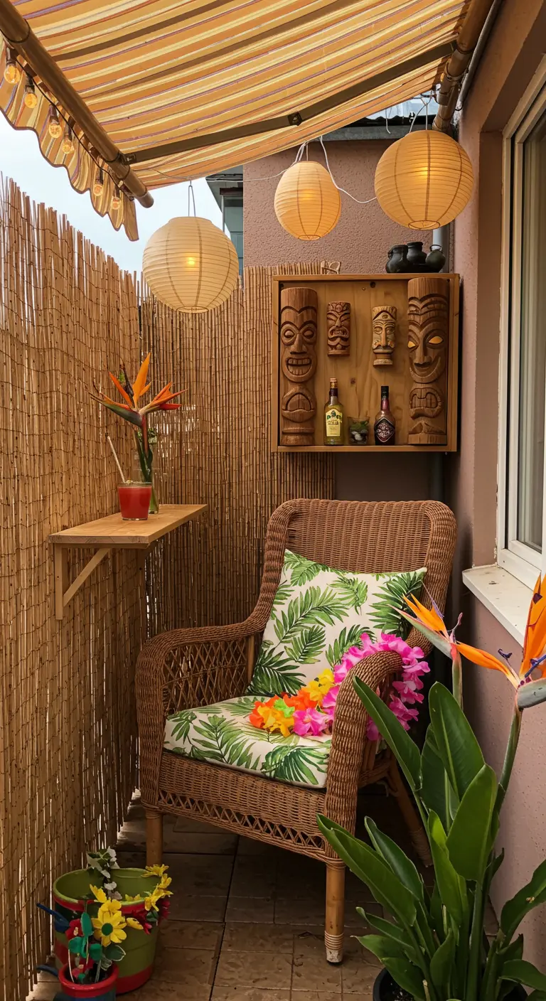 A tiny balcony tiki corner with a wicker chair, bamboo screen, and a bird of paradise plant.