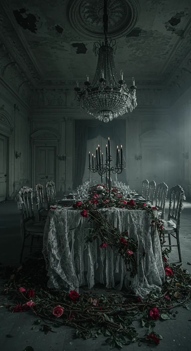 A decadent, decaying tablescape in a ruined ballroom with torn lace and roses on the floor.