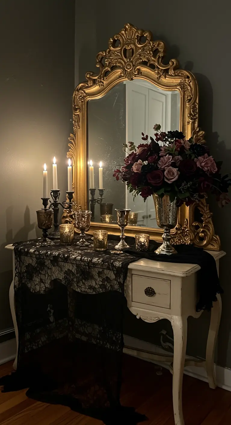 A console table with an ornate gold mirror reflecting candles, dark flowers, and draped black lace.