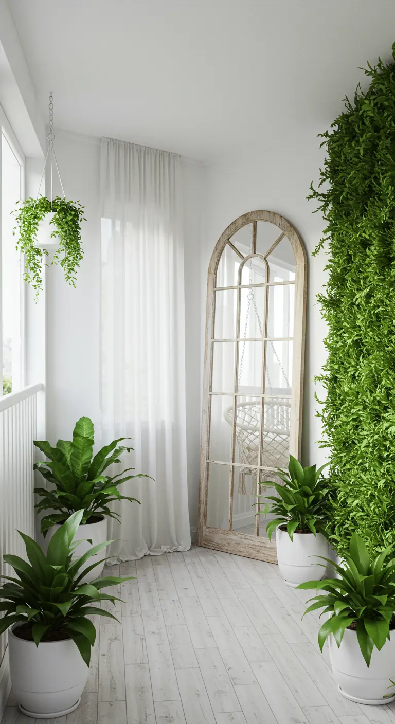 A bright white balcony with an arched windowpane mirror leaning against the wall, creating an illusion.