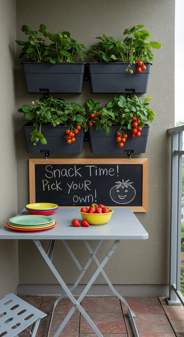Wall planters on a balcony filled with ripe strawberries, with a sign that says 'Snack Time'.