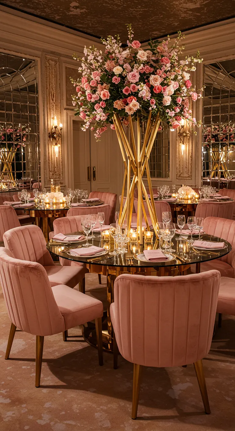 A round glass table surrounded by plush pink velvet chairs, with a dramatic floral centerpiece.
