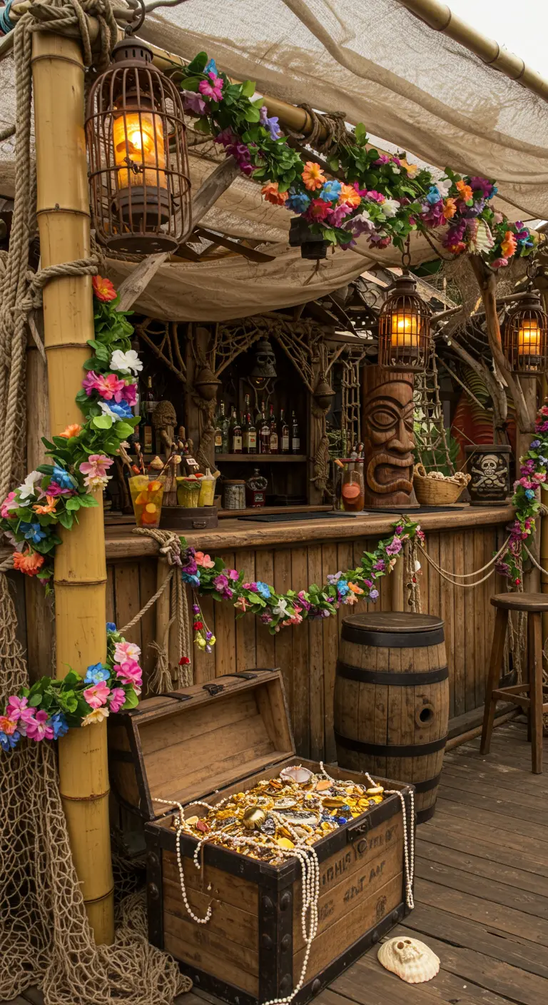 A pirate-themed tiki bar with a treasure chest, barrel, fishing nets, and caged lanterns.