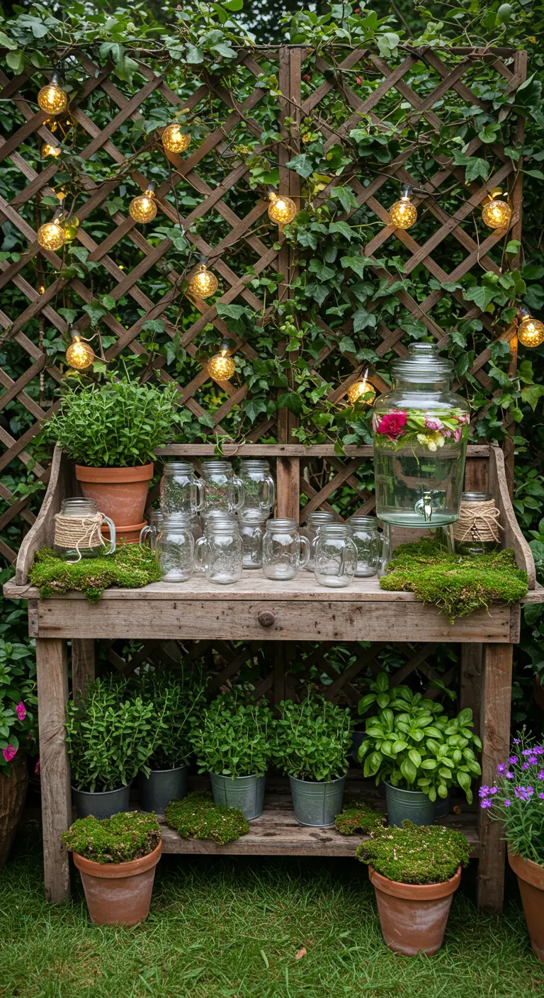 Rustic wooden bench drink station with moss, herbs, and string lights.