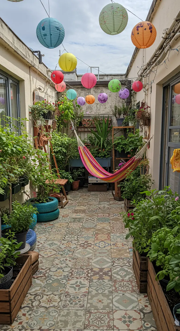 Eclectic courtyard with colorful paper lanterns, a hammock, and plants in upcycled containers.