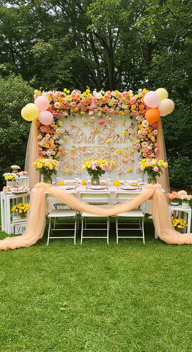 A garden party table with a floral and balloon arch over a white lattice backdrop.