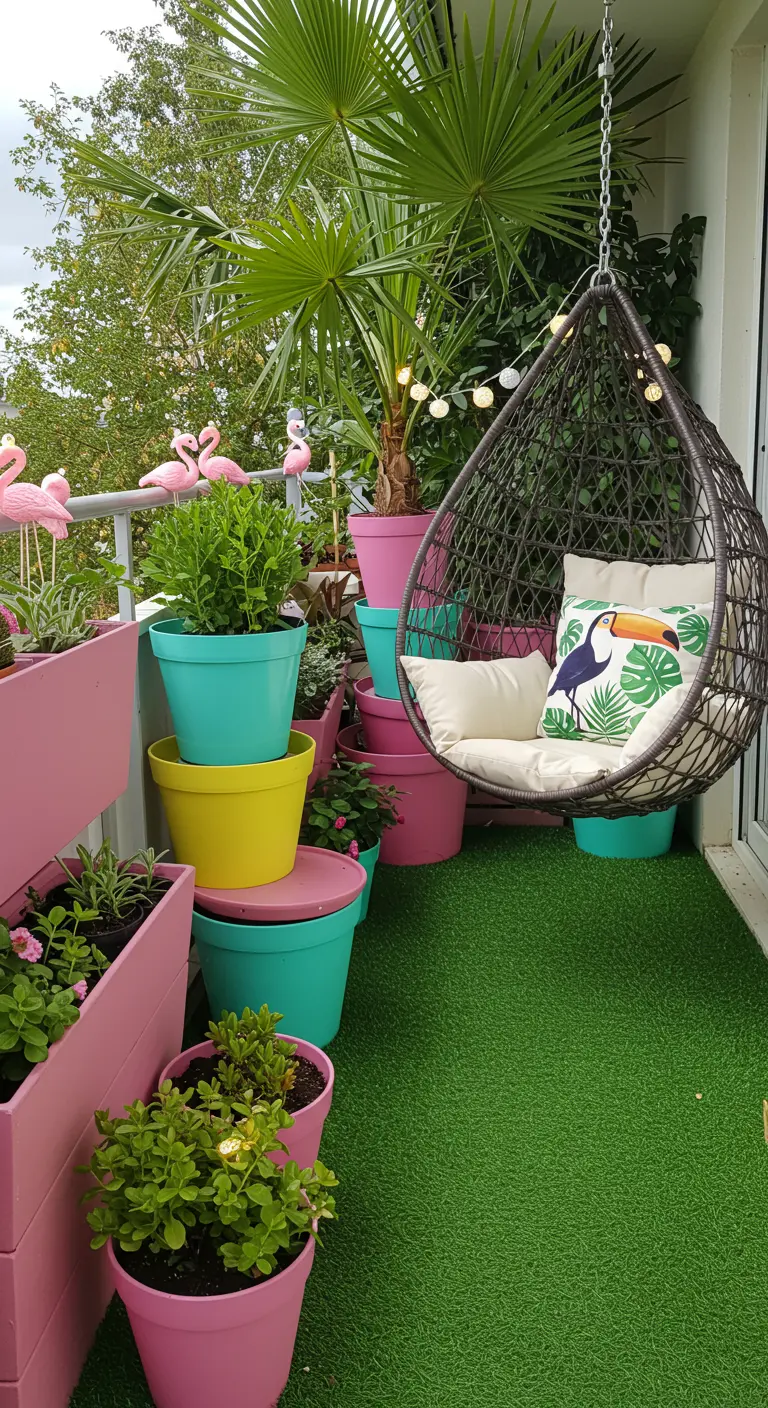 A colorful balcony with bright pink and turquoise planters and a hanging egg chair.