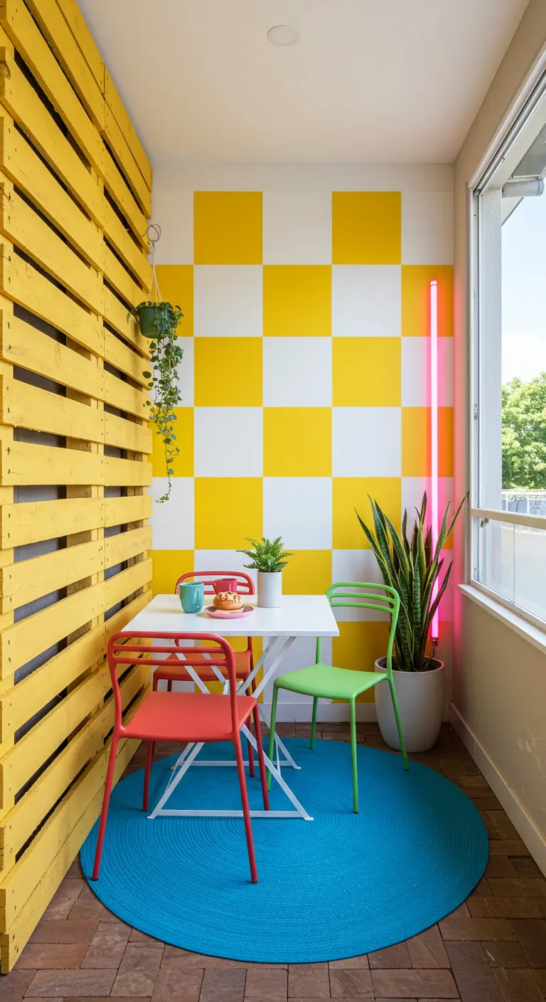 Balcony with a yellow and white checkerboard wall, a round blue rug, and a pink neon light.