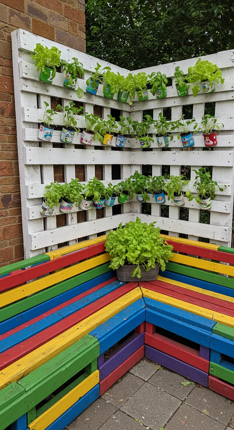 A corner bench and planter wall made of pallets, painted in bright rainbow colors and holding plants.