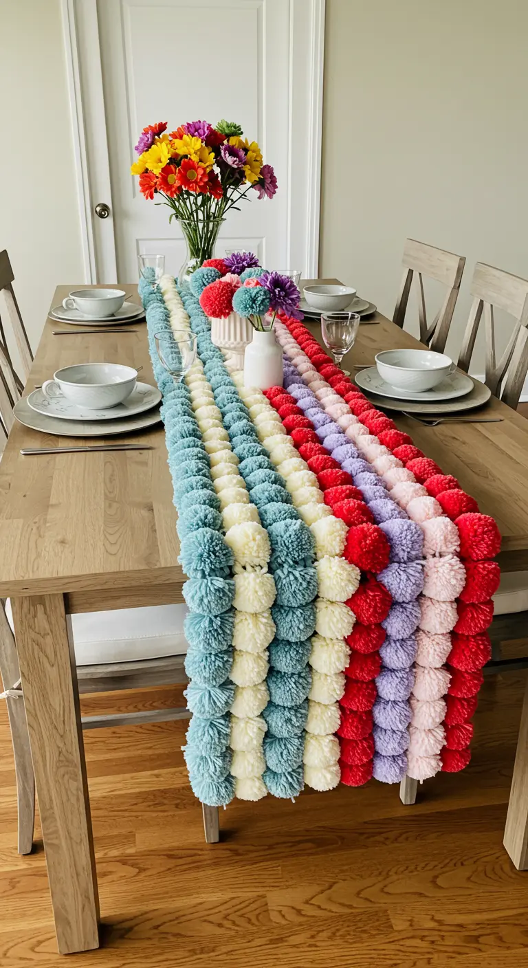 A dining table runner made from rows of colorful, fluffy yarn pom-poms.