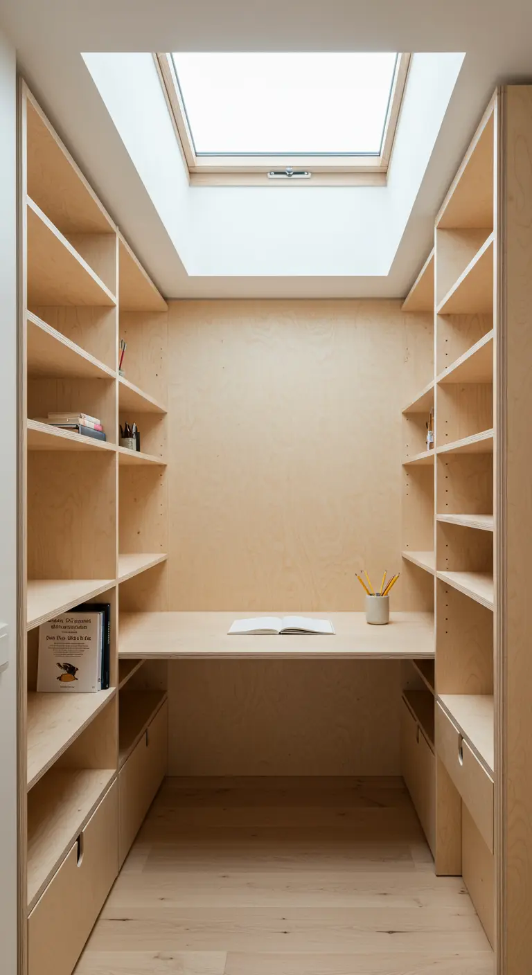 A small home office nook constructed entirely from light-colored plywood with a skylight above.
